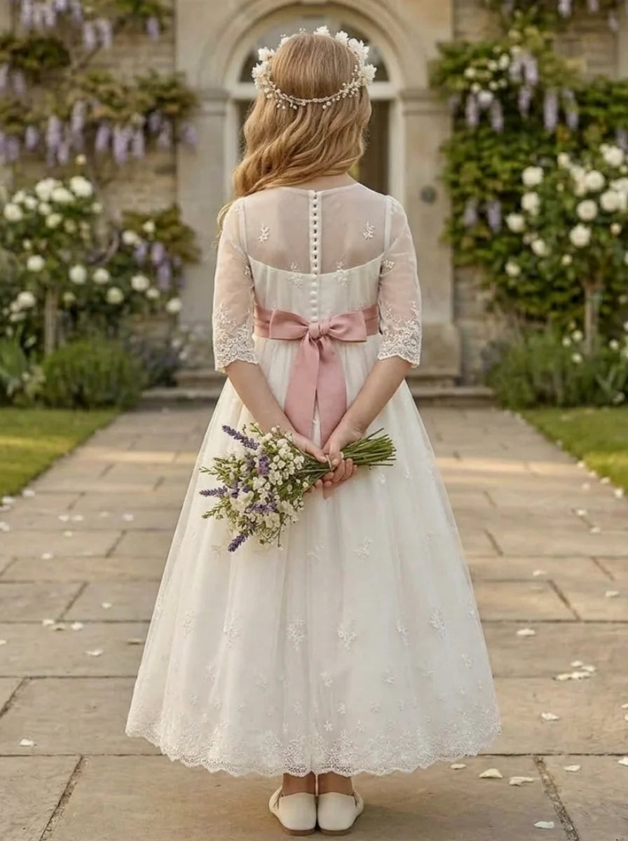 A-Line/Princess Scoop Satin Flower Girl Dresses with Bowknot 3/4 Sleeves Ankle-Length Lace