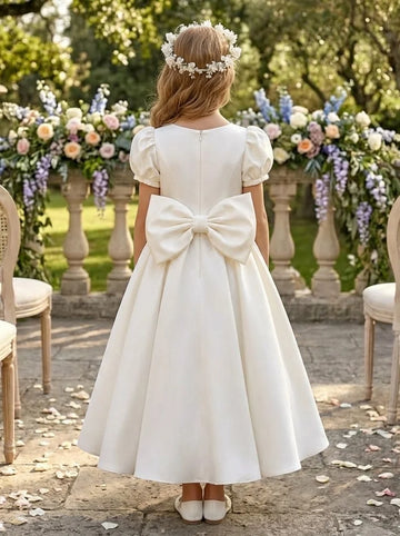 A-Line/Princess Scoop Satin Flower Girl Dresses with Bowknot Short Puffy Sleeves Ankle-Length