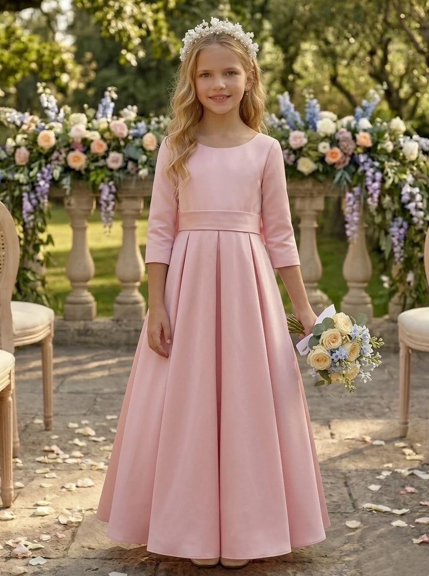 A-Line/Princess Scoop Satin Flower Girl Dresses with Bowknot 3/4 Sleeves Floor-Length
