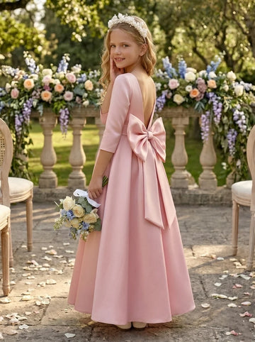 A-Line/Princess Scoop Satin Flower Girl Dresses with Bowknot 3/4 Sleeves Floor-Length