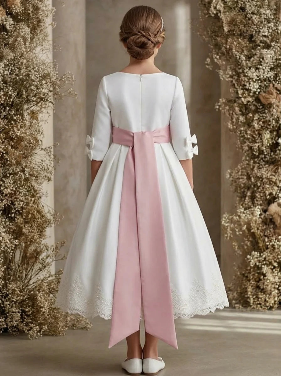 A-Line/Princess Scoop Satin Flower Girl Dresses with Bowknot 3D Flower 3/4 Sleeves Tea-Length