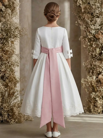 A-Line/Princess Scoop Satin Flower Girl Dresses with Bowknot 3D Flower 3/4 Sleeves Tea-Length