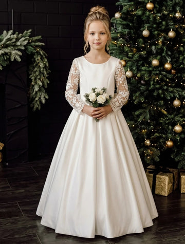 A-Line/Princess Scoop Satin Flower Girl Dresses with Bowknot Long Sleeves Lace Floor-Length