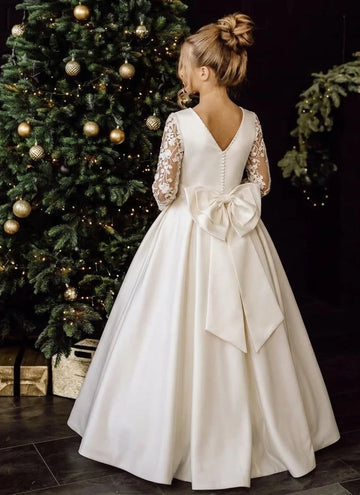 A-Line/Princess Scoop Satin Flower Girl Dresses with Bowknot Long Sleeves Lace Floor-Length