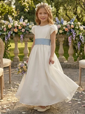 A-Line/Princess Scoop Taffeta Flower Girl Dresses with Bowknot Short Puffy Sleeves Ankle-Length