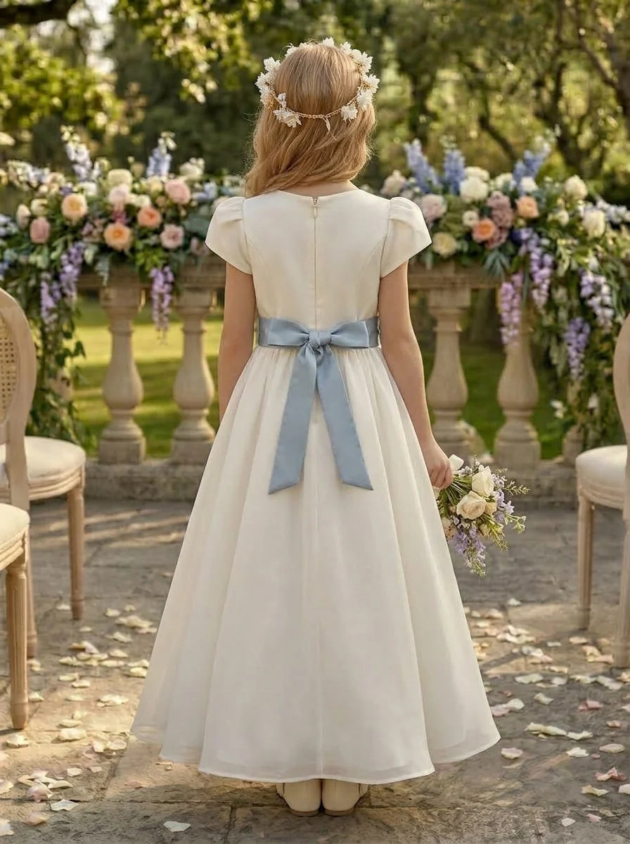 A-Line/Princess Scoop Taffeta Flower Girl Dresses with Bowknot Short Puffy Sleeves Ankle-Length