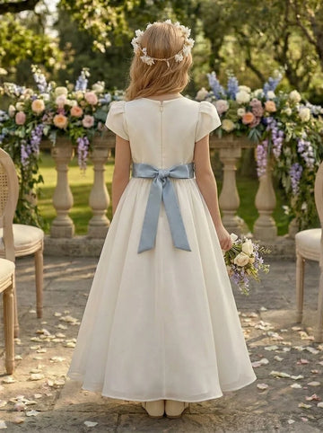 A-Line/Princess Scoop Taffeta Flower Girl Dresses with Bowknot Short Puffy Sleeves Ankle-Length