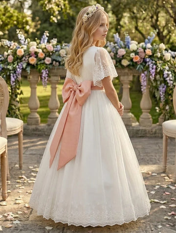A-Line/Princess Scoop Tulle Flower Girl Dresses with Bowknot Short Sleeves Floor Length Lace