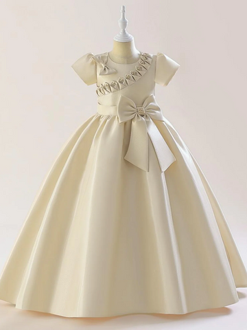 A-Line/Princess Scoop Satin Flower Girl Dresses Short Sleeves Ankle-Length With Bowknot & 3D Flowers