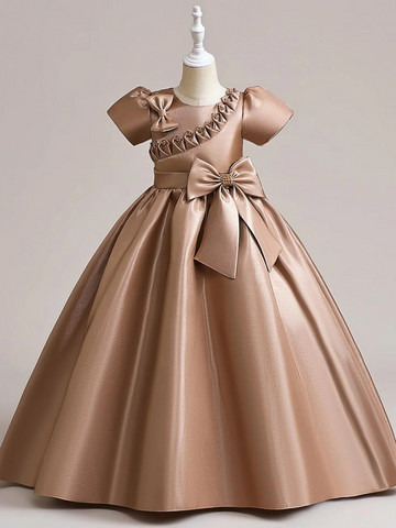 A-Line/Princess Scoop Satin Flower Girl Dresses Short Sleeves Ankle-Length With Bowknot & 3D Flowers