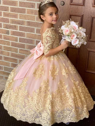 A-Line/Princess Scoop Lace Flower Girl Dresses Half Sleeves Floor-Length With Bowknot