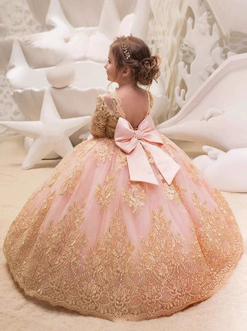 A-Line/Princess Scoop Lace Flower Girl Dresses Half Sleeves Floor-Length With Bowknot