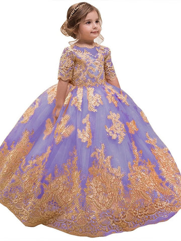 A-Line/Princess Scoop Lace Flower Girl Dresses Half Sleeves Floor-Length With Bowknot