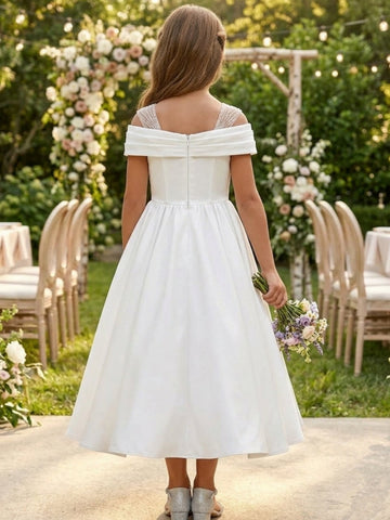 A-Line/Princess Off-the-Shoulder Satin Flower Girl Dresses Sleeveless Tea-Length Ruched