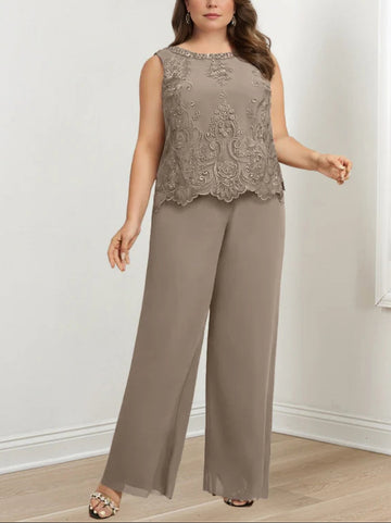 Chiffon Round Neck Floor-Length Plus Size Mother Of The Bride Pantsuits With Jacket & Applique