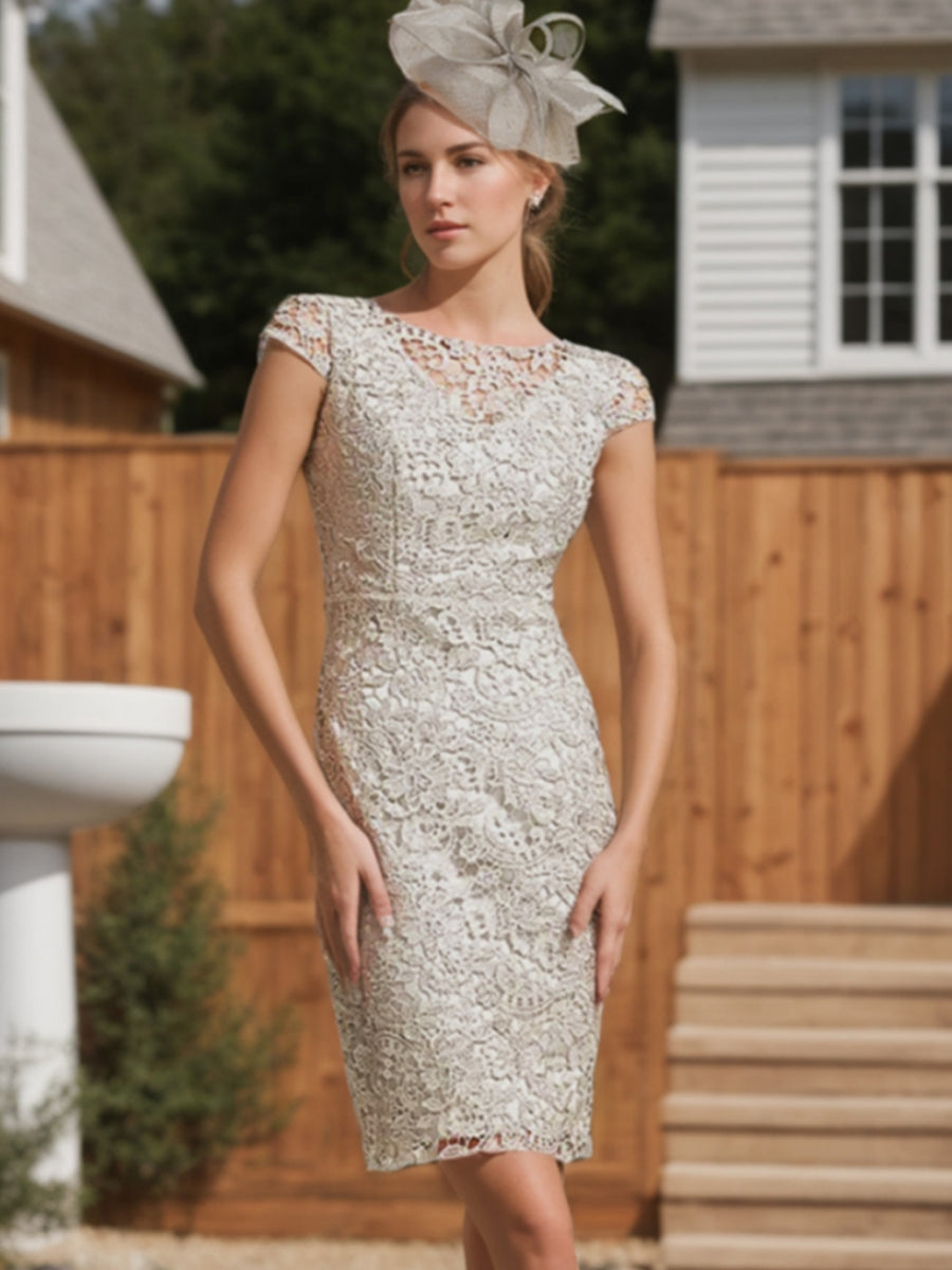 Two Piece Sheath/Column Scoop Satin Mother of the Bride Dresses Knee-length 1/2 Sleeves Lace