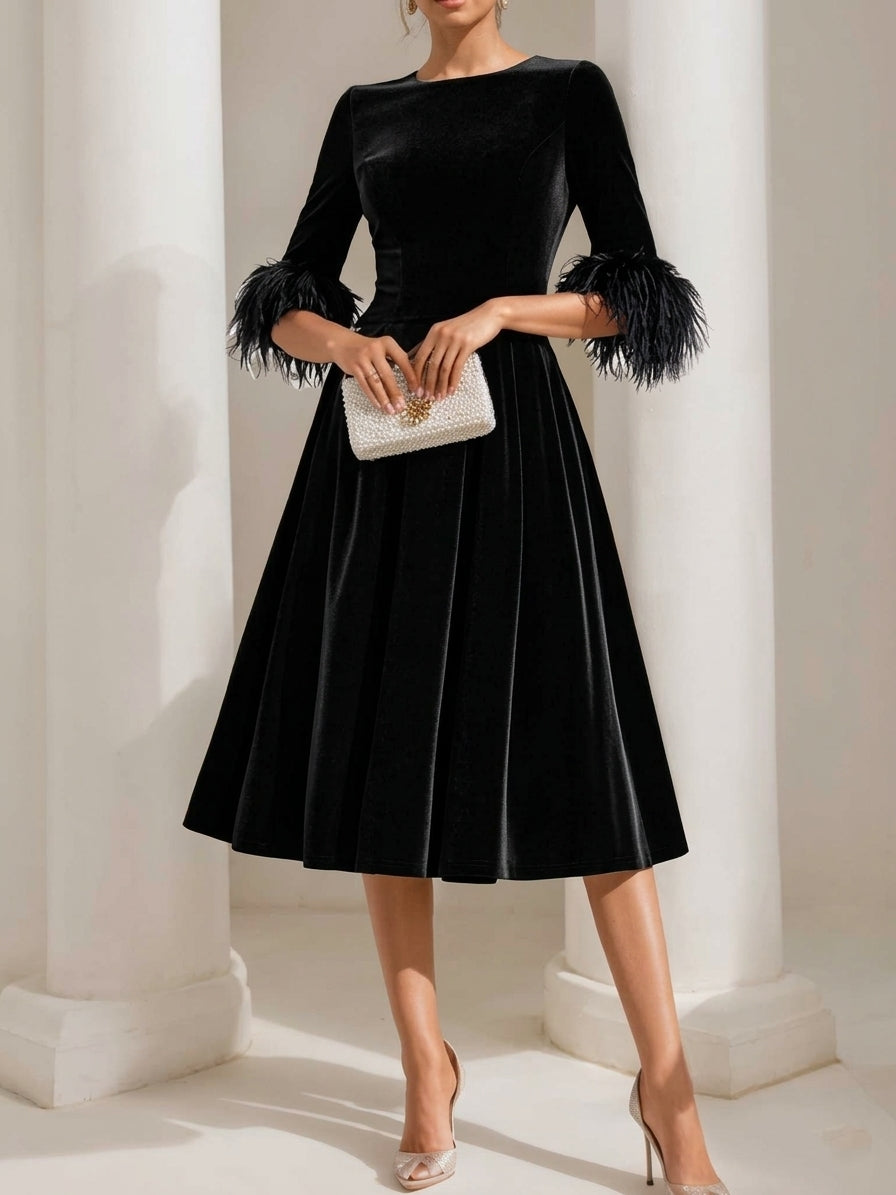 A-Line/Princess Scoop Velvet Mother of the Bride Dresses Half Sleeves Feather-trimmed