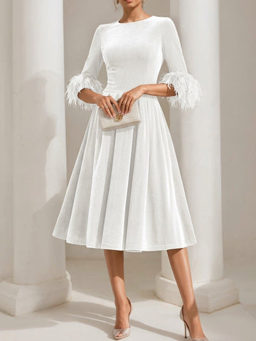 A-Line/Princess Scoop Velvet Mother of the Bride Dresses Half Sleeves Feather-trimmed