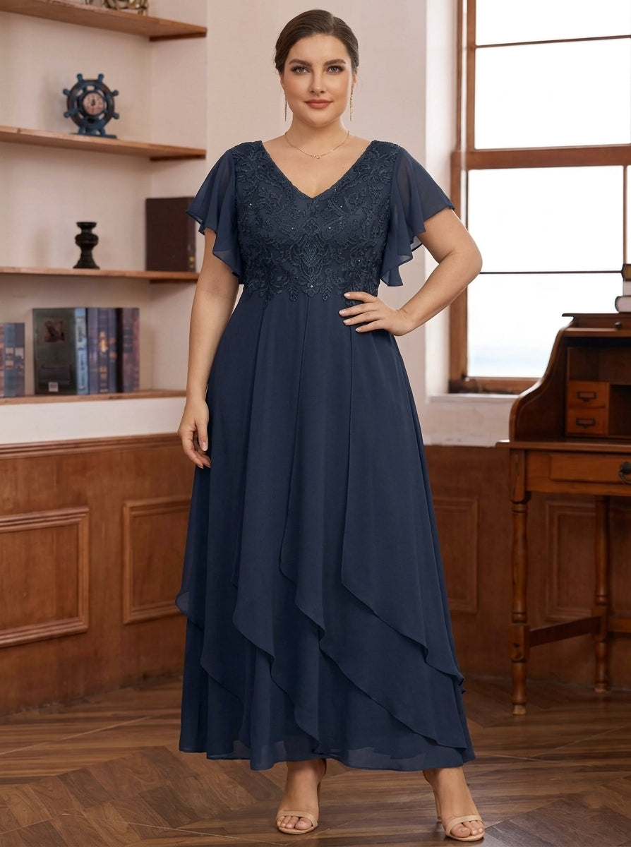 A-Line/Princess Chiffon V-Neck Plus Size Mother of the Bride Dresses Lace Ankle-Length Short Sleeves Ruffles