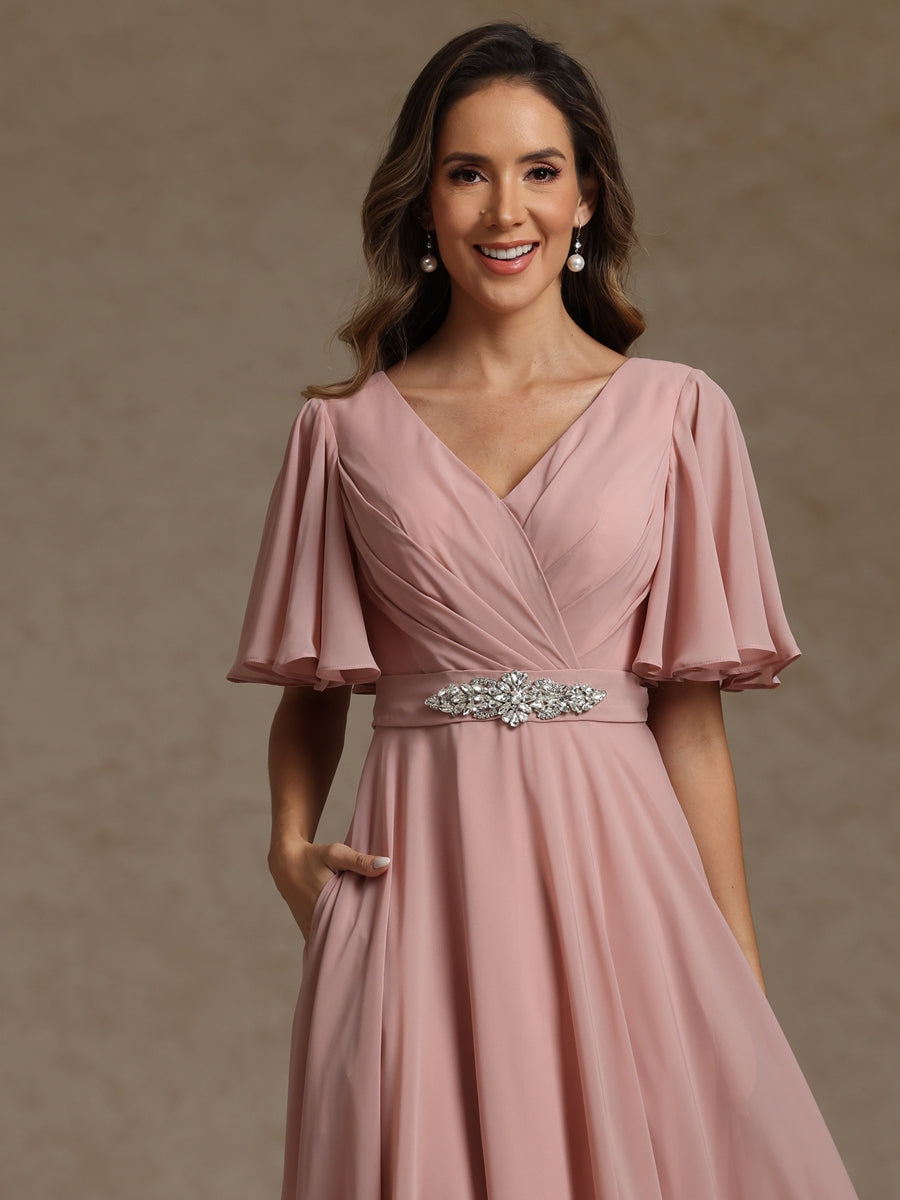 A-Line/Princess V Neck Mother of the Bride Dresses Short Sleeves Chiffon Lace Tea Length with Sash