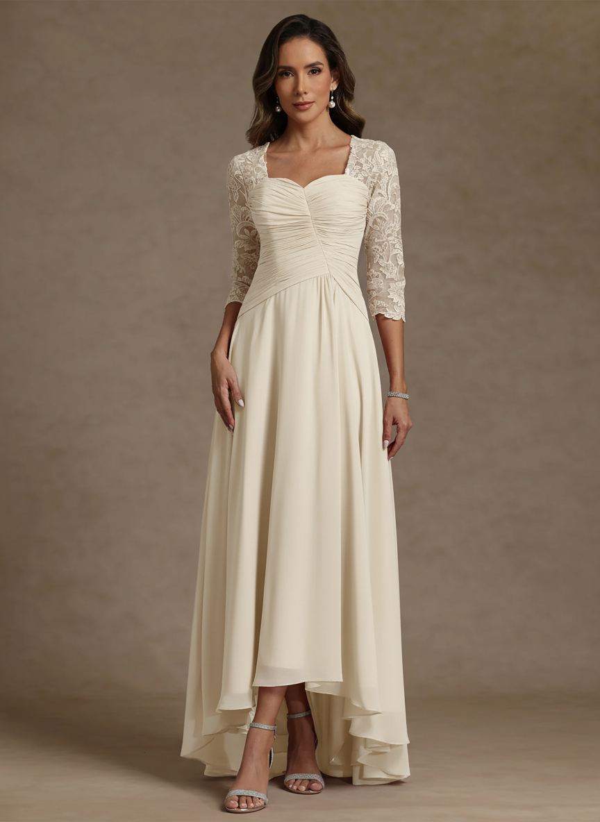A-Line/Princess Square Collar Exclusive Mother of the Bride Dresses 3/4 Sleeves Chiffon Lace High-Low Asymmetrical Floor-Length