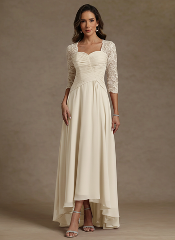 A-Line/Princess Square Collar Exclusive Mother of the Bride Dresses 3/4 Sleeves Chiffon Lace High-Low Asymmetrical Floor-Length