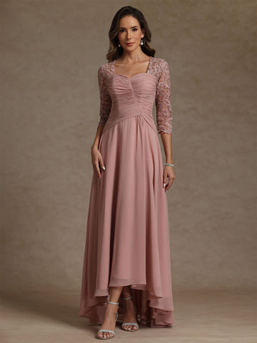 A-Line/Princess Square Collar Exclusive Mother of the Bride Dresses 3/4 Sleeves Chiffon Lace High-Low Asymmetrical Floor-Length