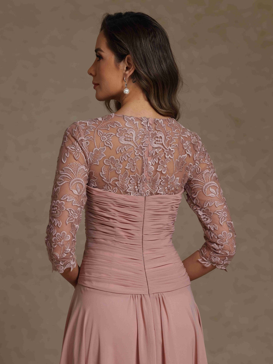 A-Line/Princess Square Collar Exclusive Mother of the Bride Dresses 3/4 Sleeves Chiffon Lace High-Low Asymmetrical Floor-Length