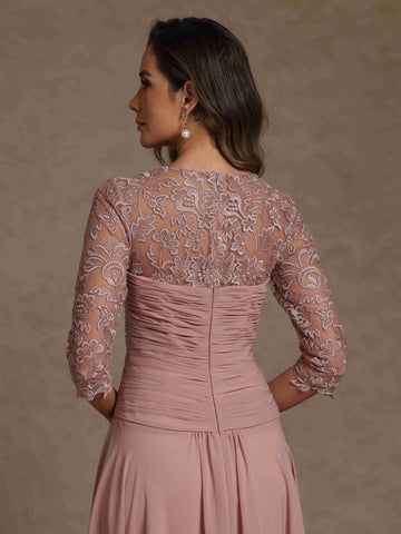 A-Line/Princess Square Collar Exclusive Mother of the Bride Dresses 3/4 Sleeves Chiffon Lace High-Low Asymmetrical Floor-Length