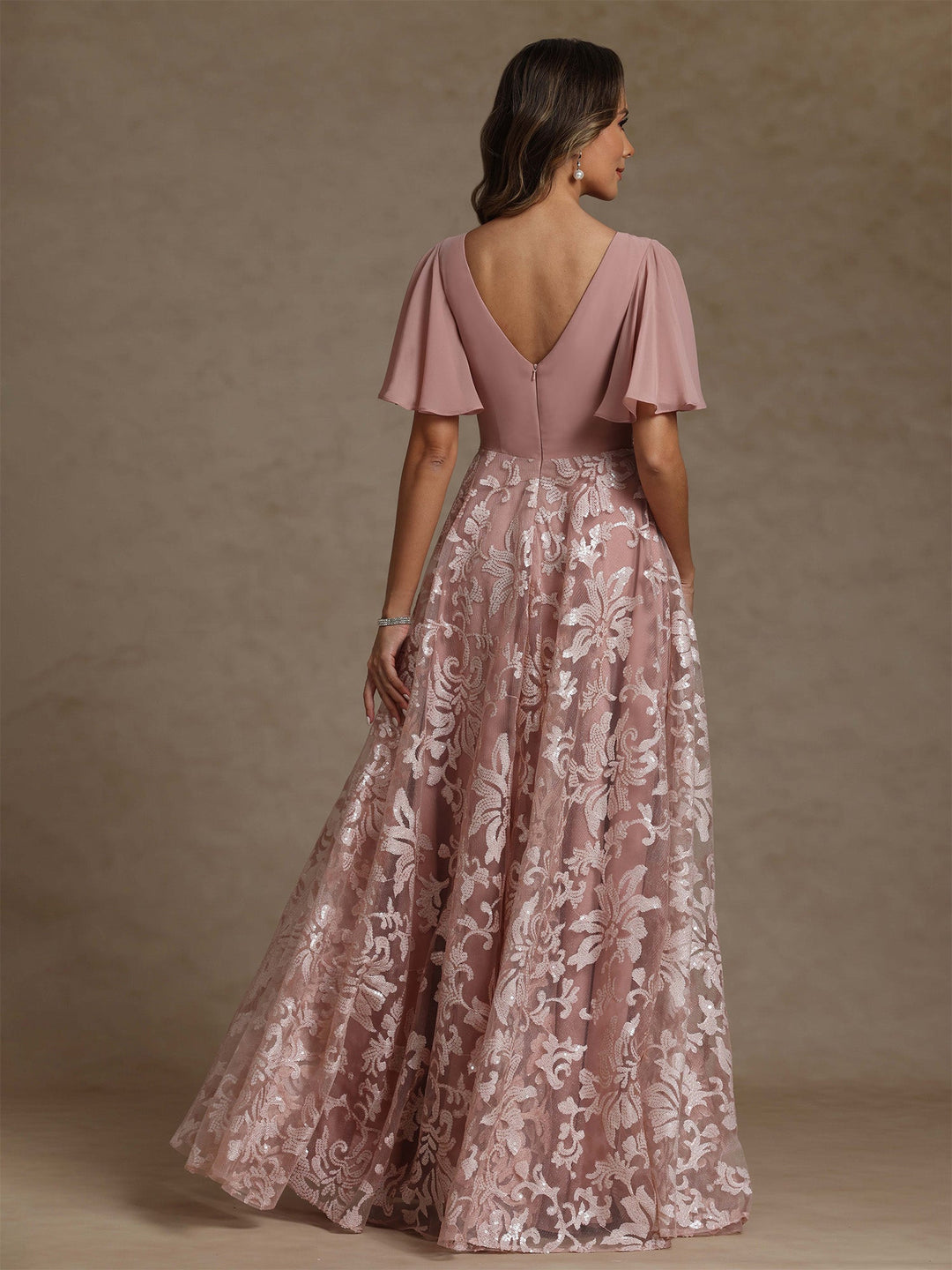 A-Line/Princess V-Neck Exclusive Mother of the Bride Dresses Short Sleeves Chiffon Lace Floor-Length Floral Ruched