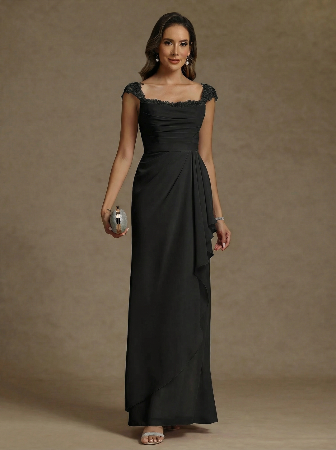 Sheath/Column Square Collar Chiffon Exclusive Mother of the Bride Dresses Floor-Length Ruffles Ruched Sleeveless Lace