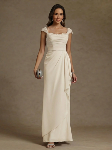 Sheath/Column Square Collar Chiffon Exclusive Mother of the Bride Dresses Floor-Length Ruffles Ruched Sleeveless Lace
