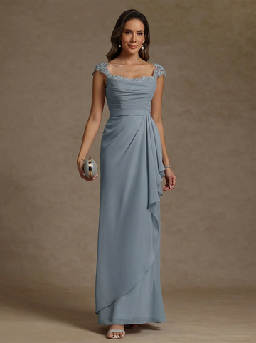 Sheath/Column Square Collar Chiffon Exclusive Mother of the Bride Dresses Floor-Length Ruffles Ruched Sleeveless Lace