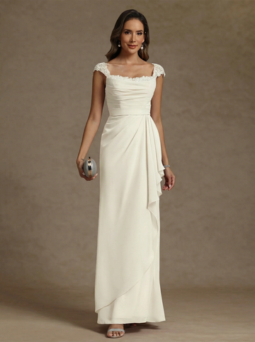 Sheath/Column Square Collar Chiffon Exclusive Mother of the Bride Dresses Floor-Length Ruffles Ruched Sleeveless Lace