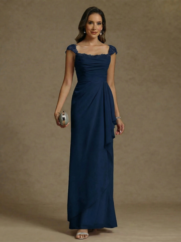 Sheath/Column Square Collar Chiffon Exclusive Mother of the Bride Dresses Floor-Length Ruffles Ruched Sleeveless Lace