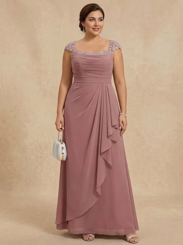 Sheath/Column Square Collar Chiffon Plus Size Mother of the Bride Dresses Floor-Length Ruffles Ruched Sleeveless Lace