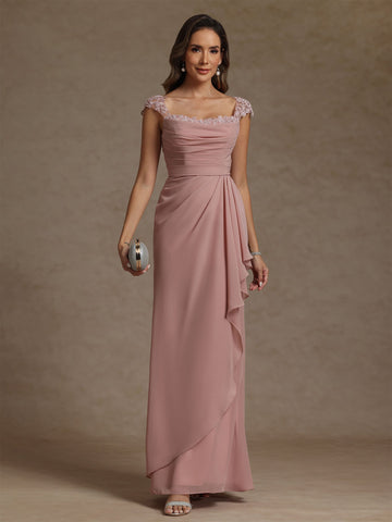Sheath/Column Square Collar Chiffon Exclusive Mother of the Bride Dresses Floor-Length Ruffles Ruched Sleeveless Lace