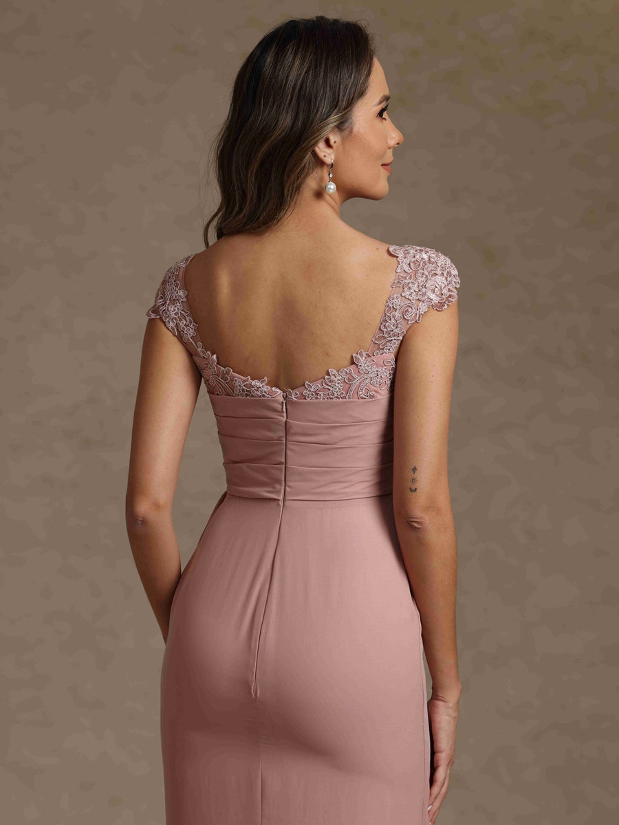 Sheath/Column Square Collar Chiffon Exclusive Mother of the Bride Dresses Floor-Length Ruffles Ruched Sleeveless Lace