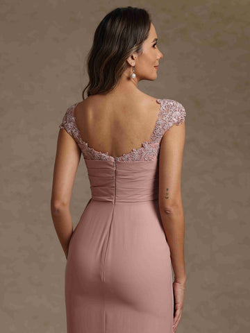 Sheath/Column Square Collar Chiffon Exclusive Mother of the Bride Dresses Floor-Length Ruffles Ruched Sleeveless Lace
