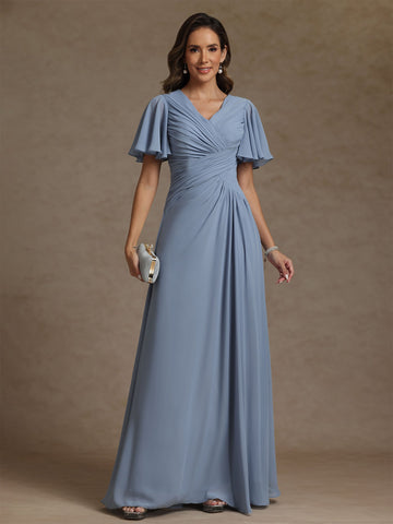 A-Line/Princess V-Neck Chiffon Exclusive Mother of the Bride Dresses Floor-Length Ruched Short Sleeves