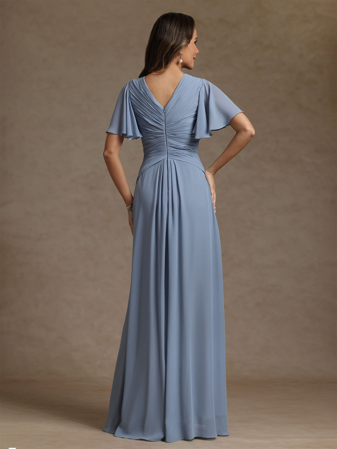 A-Line/Princess V-Neck Chiffon Exclusive Mother of the Bride Dresses Floor-Length Ruched Short Sleeves