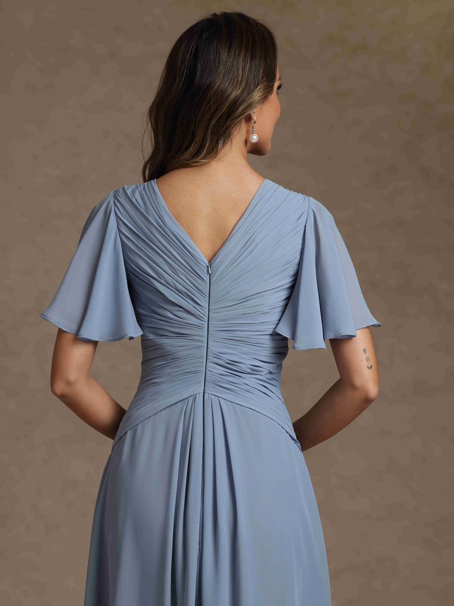 A-Line/Princess V-Neck Chiffon Exclusive Mother of the Bride Dresses Floor-Length Ruched Short Sleeves