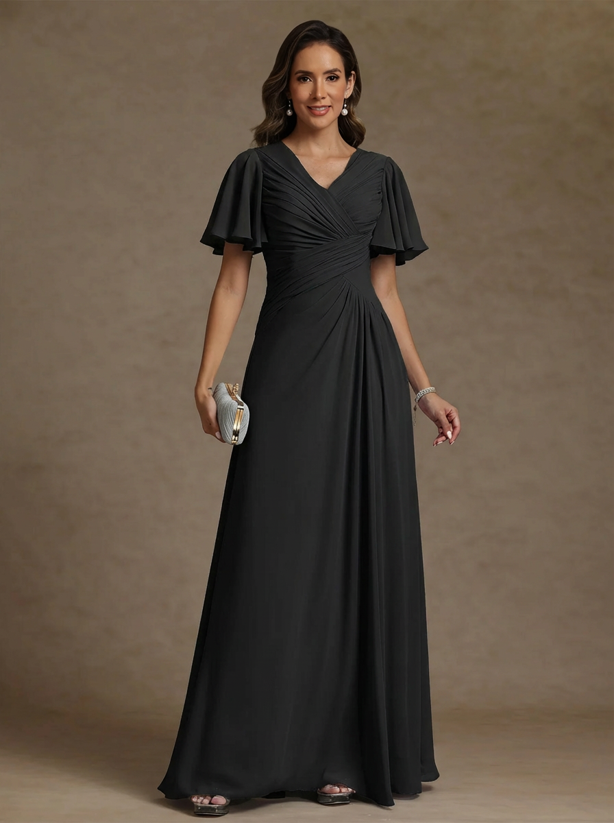 A-Line/Princess V-Neck Chiffon Exclusive Mother of the Bride Dresses Floor-Length Ruched Short Sleeves