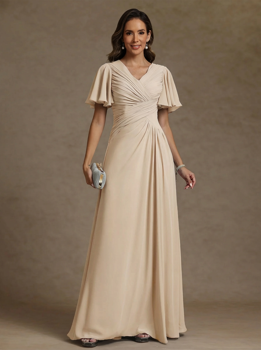 A-Line/Princess V-Neck Chiffon Exclusive Mother of the Bride Dresses Floor-Length Ruched Short Sleeves