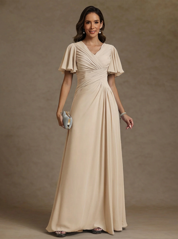 A-Line/Princess V-Neck Chiffon Exclusive Mother of the Bride Dresses Floor-Length Ruched Short Sleeves