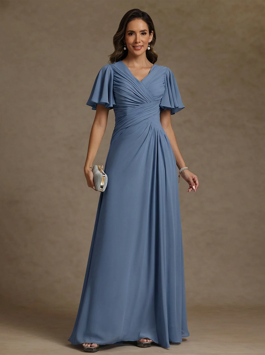 A-Line/Princess V-Neck Chiffon Exclusive Mother of the Bride Dresses Floor-Length Ruched Short Sleeves