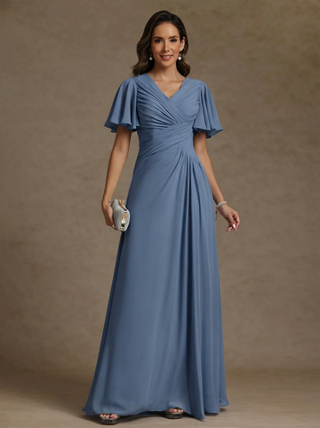 A-Line/Princess V-Neck Chiffon Exclusive Mother of the Bride Dresses Floor-Length Ruched Short Sleeves