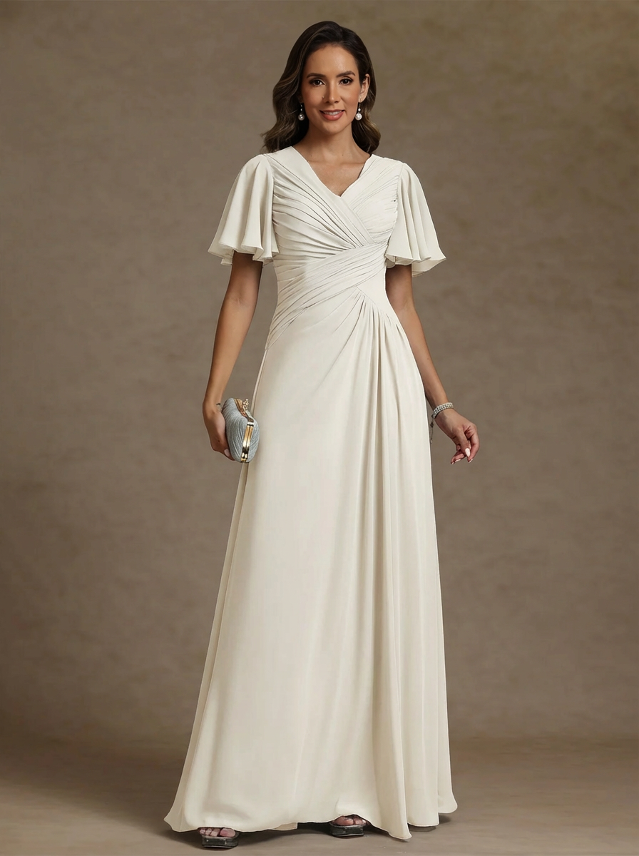 A-Line/Princess V-Neck Chiffon Exclusive Mother of the Bride Dresses Floor-Length Ruched Short Sleeves