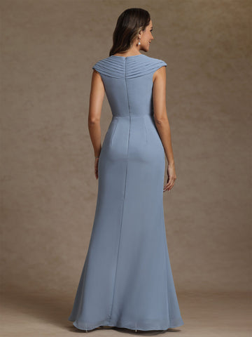 Sheath/Column V-Neck Chiffon Exclusive Mother of the Bride Dresses with Spilt Side Floor-Length Ruched Sleeveless