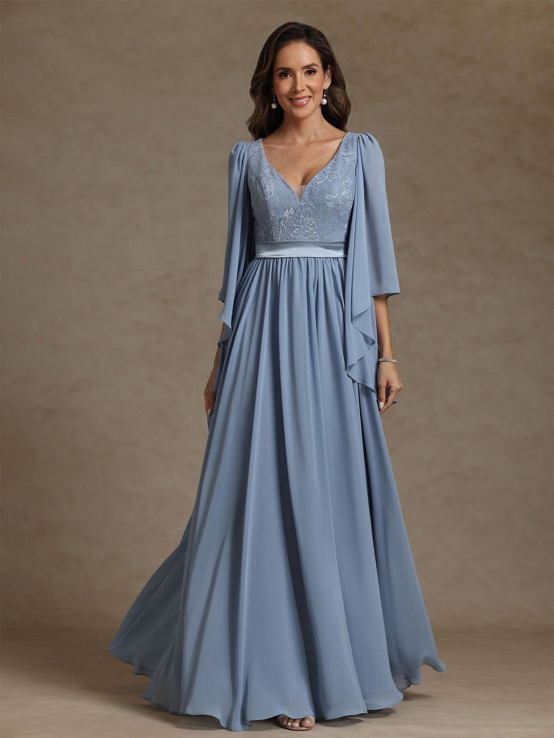 A-Line/Princess V-Neck Chiffon Exclusive Mother of the Bride Dresses Lace Floor-Length 3/4 Sleeves Pleated